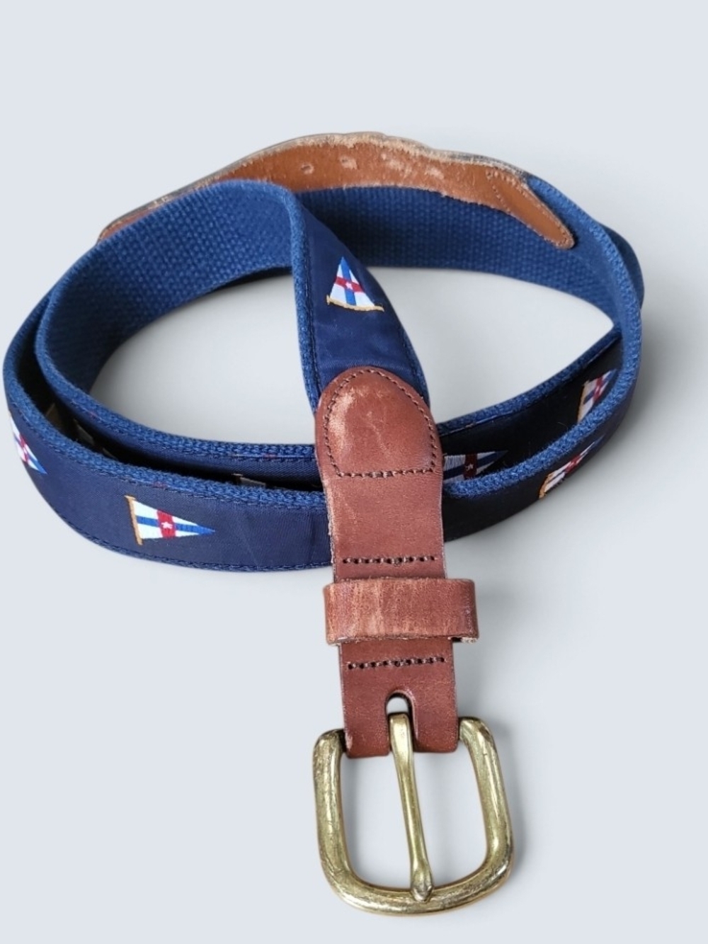 Vintage Leather Man Ltd NY Yacht Club Burgee Flag Belt Mens Sz 46 Brass Buckle
